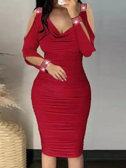 Cold Shoulder Ruched Body-Con Dress, Solid Sexy Dress For Spring & Fall, Women's Clothing