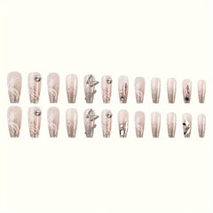 24pcs Long Ballet Coffin Press-on Nails Set, Gradient Silvery Glitter With 3D Butterfly Design, Luxury Fake Nails For Women, Full Coverage Artificial Nail Tips