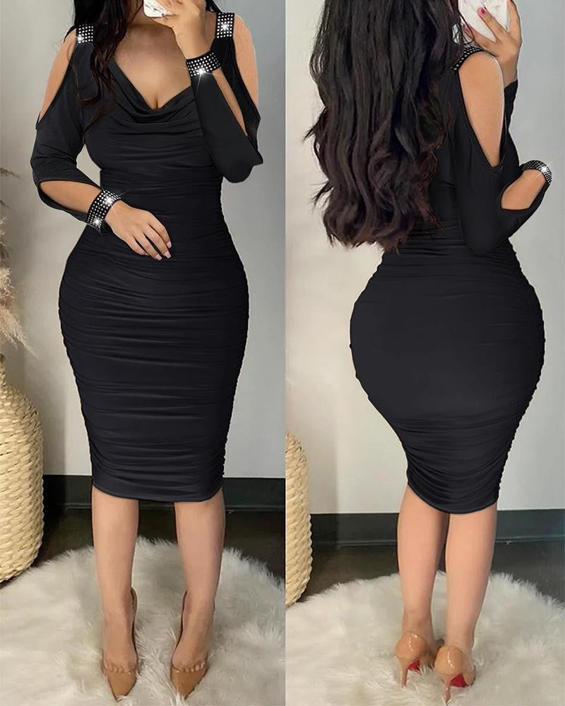 Cold Shoulder Ruched Body-Con Dress, Solid Sexy Dress For Spring & Fall, Women's Clothing