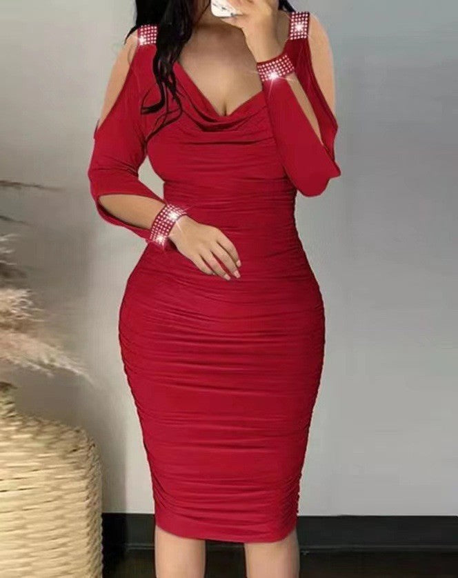 Cold Shoulder Ruched Body-Con Dress, Solid Sexy Dress For Spring & Fall, Women's Clothing